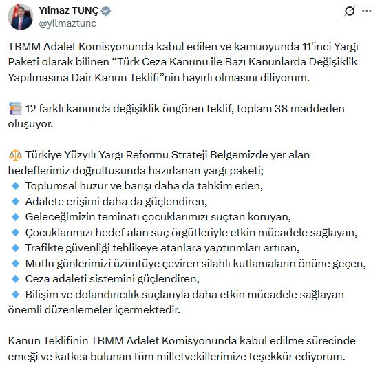 Bakan Tunç’tan 11. Yargı Paketi için 'Hayırlı olsun' paylaşımı