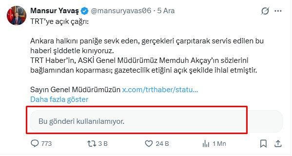 Mansur Yavaş tepki göstermişti: TRT Haber 'Başkenti susuz günler bekliyor' paylaşımını sildi