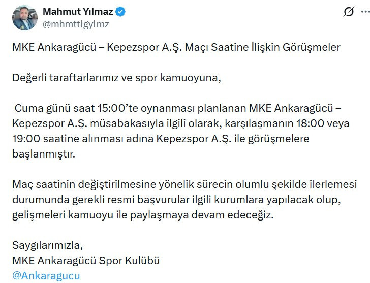 Ankaragücü'nde Kepezspor maçının saatinin değişmesi için görüşmeler başladı