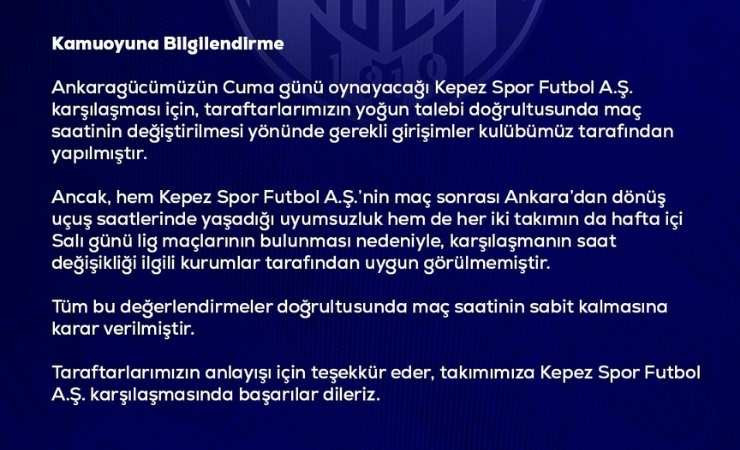 Ankaragücü - Kepez Spor Futbol A.Ş. maçının saati değişmedi!