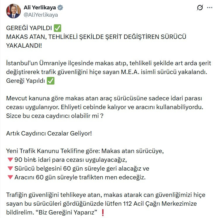 Bakan Ali Yerlikaya: Artık trafikte caydırıcı cezalar geliyor