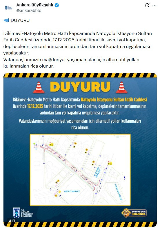 ABB, Dikimevi–Natoyolu Metro Hattı çalışmaları kapsamında Sultan Fatih Caddesi’nde yol kapatma uygulanacağını duyurdu