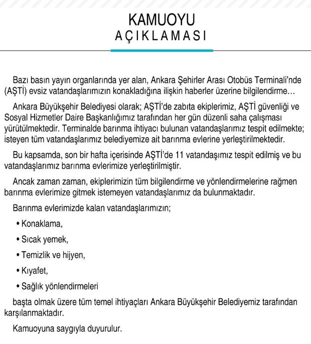 ABB'den, AŞTİ'de evsiz vatandaşların konakladığı haberlerine ilişkin açıklama!