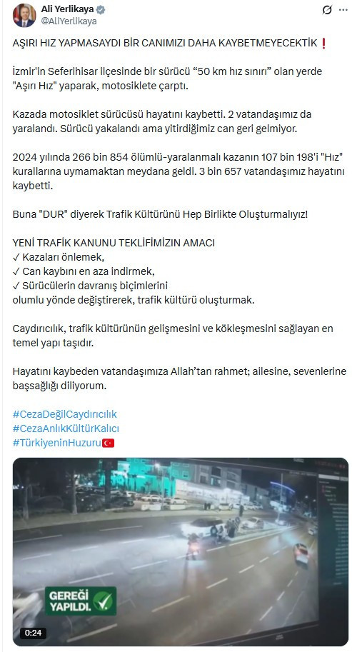 Bakan Yerlikaya 2024 yılında 200 binden fazla ölümlü-yaralanmalı kazanın yaşandığını açıkladı!