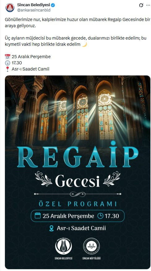 Sincan Belediyesi'nden Regaip Kandili'ne özel program