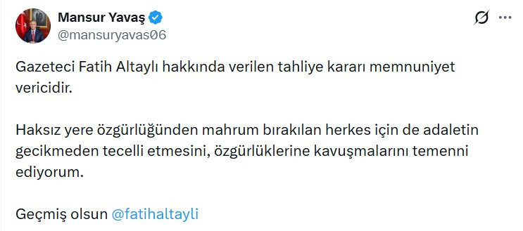 Mansur Yavaş'tan tahliye edilen Fatih Altaylı mesajı