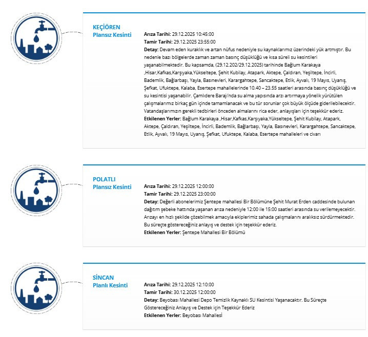 ASKİ'den 8 ilçede bazı yerler için planlı ve plansız su kesintisi duyuruları
