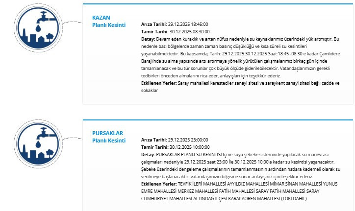 ASKİ'den 8 ilçede bazı yerler için planlı ve plansız su kesintisi duyuruları - Resim : 3