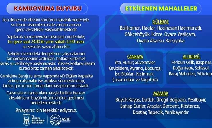 ASKİ'den Mamak, Gölbaşı, Çankaya ve Altındağ için su kesintisi duyurusu