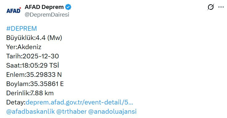 Akdeniz açıklarında deprem oldu, Hatay'dan da hissedildi