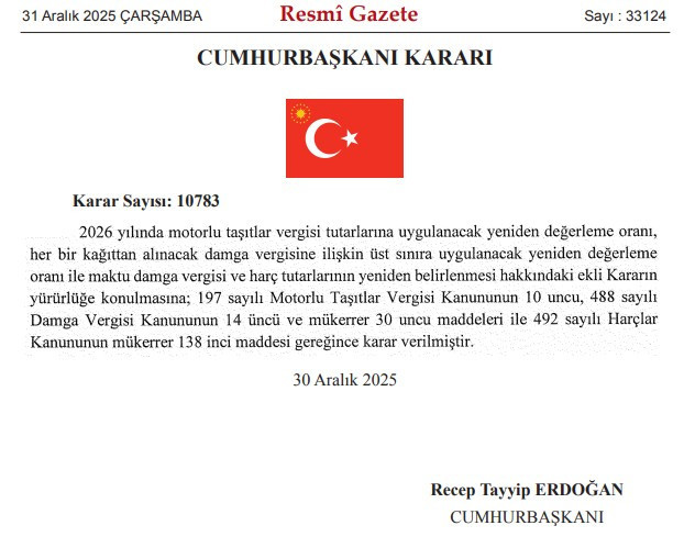 Cumhurbaşkanı Kararı ile vergi ve harçlarda 2026 yılı artış oranı belirlendi
