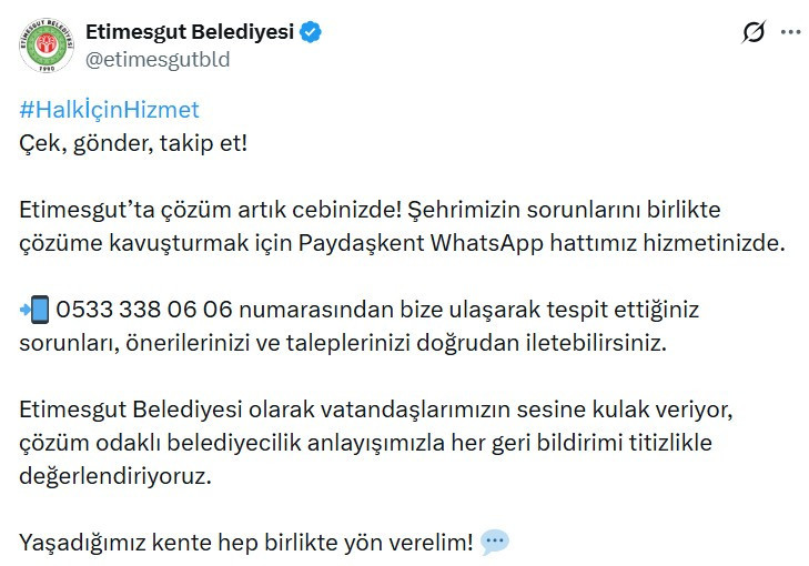 Etimesgut Belediyesi'nden Paydaşkent WhatsApp uygulaması