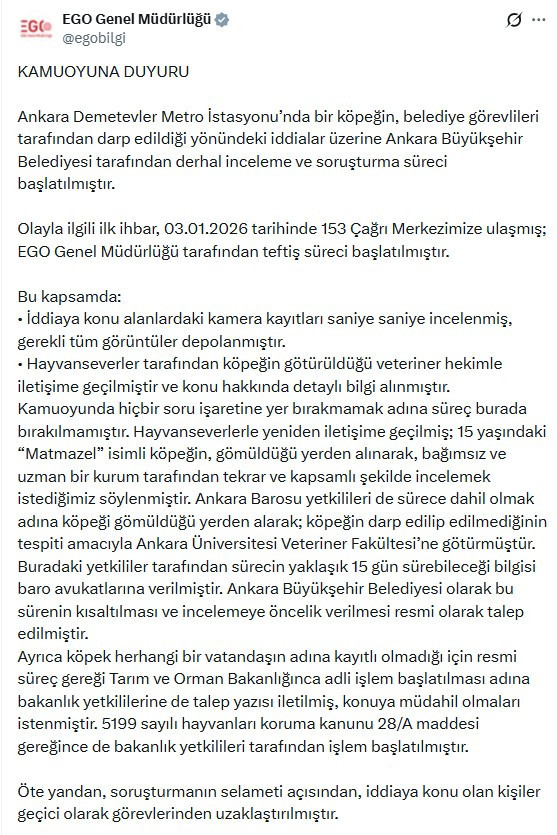 EGO, belediye görevlilerinin bir köpeği darp ettiği iddialarına ilişkin açıklama yaptı