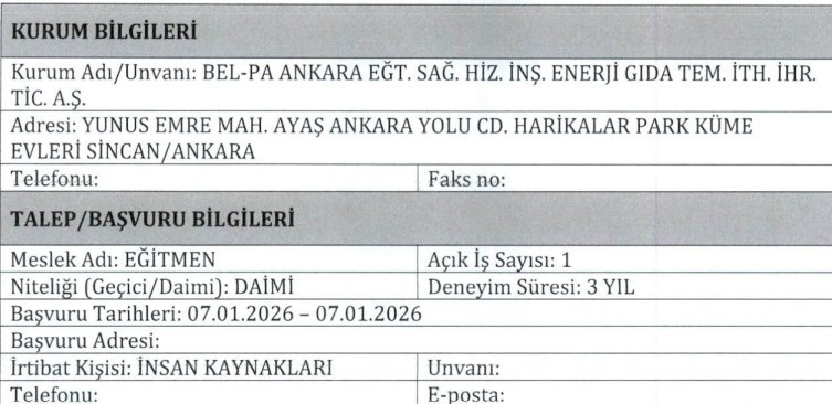 ABB BEL-PA Ankara 40 yaş altı eğitmen ve büro personeli alacak