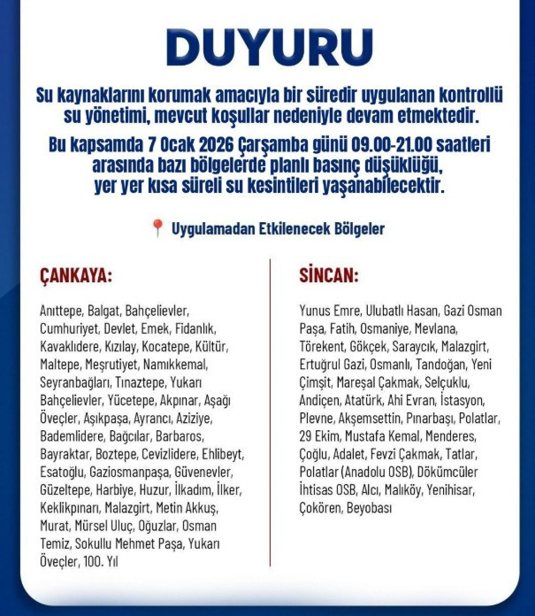 ASKİ'den, 2 ilçe için 12 saatlik basınç düşüklüğü/su kesintisi duyurusu!