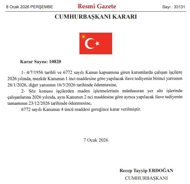 Kamu işçilerinin ilave tediye ödeme tarihleri kararı Resmi Gazete'de yayımlandı