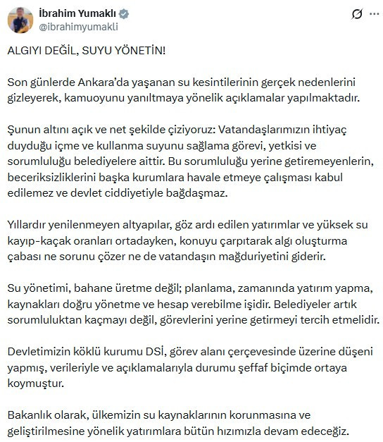 Tarım Bakanı İbrahim Yumaklı: DSİ Ankara'da üzerine düşeni yapmıştır