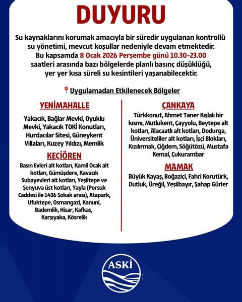 Etimesgut, Pursaklar, Altındağ, Keçiören, Çankaya, Yenimahalle! ASKİ su kesintisi duyurdu