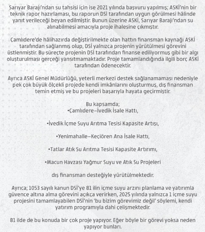 ASKİ: 'Ankara'nın su arz riskine karşı DSİ'ye çok sayıda resmi yazı ve başvuruda bulunuldu'