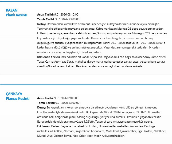 Ankara'da 5 ilçedeki su kesintisi 23.00'e kadar sürecek!