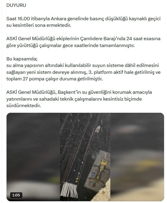 ABB duyurdu: Ankara genelinde basın&ccedil; d&uuml;ş&uuml;kl&uuml;ğ&uuml; kaynaklı ge&ccedil;ici su kesintileri sona eriyor!