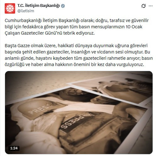 Cumhurbaşkanlığı İletişim Başkanlığı, Gazeteciler Günü'ne ilişkin mesaj yayımladı