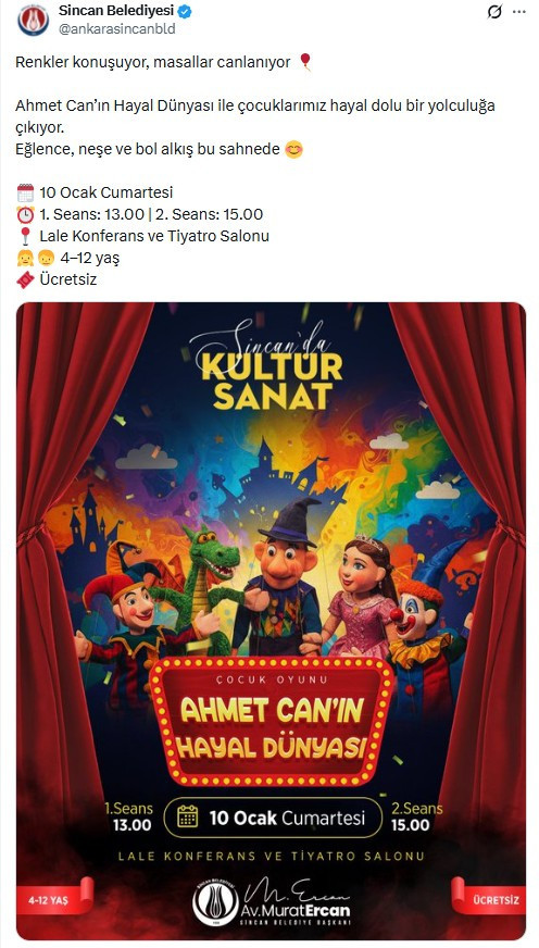 Sincan'da yetişkinler ve çocuklar 10 Ocak'ta tiyatro gösterisi düzenlenecek