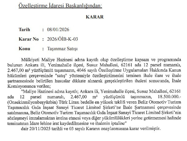 Yenimahalle ve Beypazarı'nda iki taşınmaz ihaleyle özelleştirildi