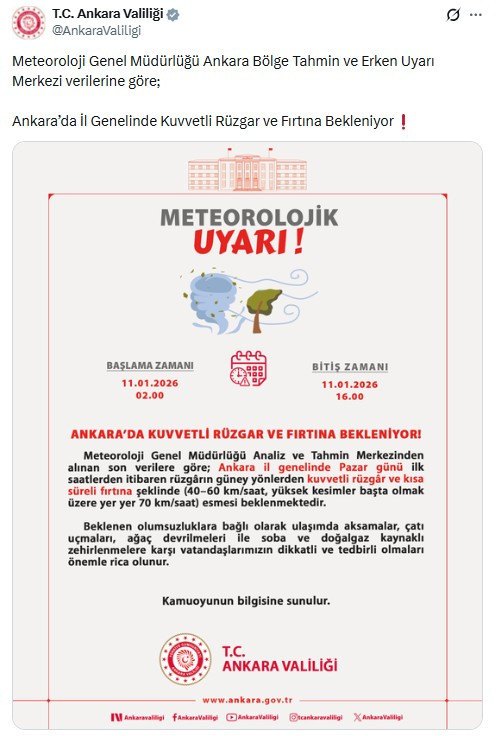 Ankara Valiliğinden kuvvetli fırtına uyarısı!