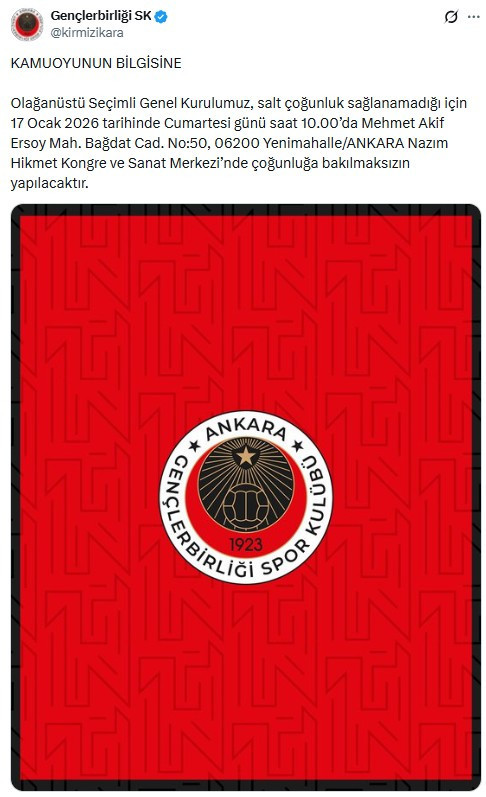 Gençlerbirliği'nden olağanüstü genel kurul toplantısı ertelendi!