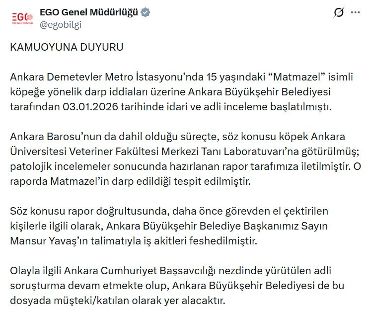 EGO'dan Matmazel isimli köpeğe darp iddiası hakkında yeni açıklama