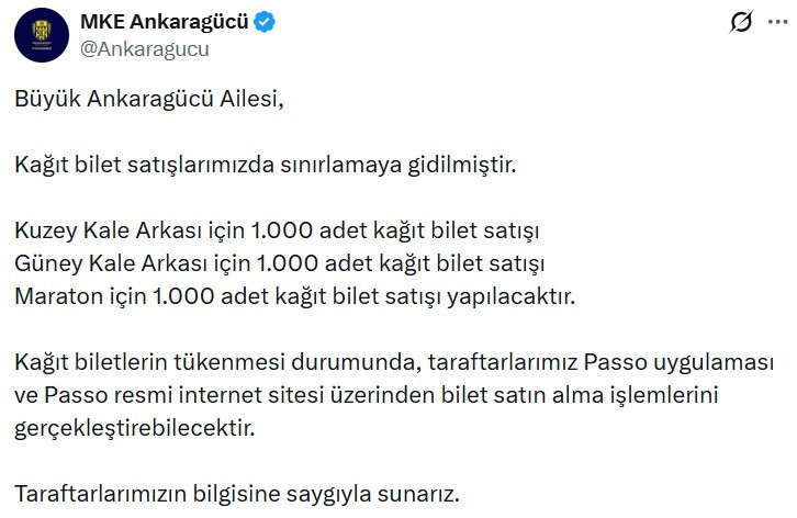 Ankaragücü'nde kağıt bilet satışlarına sınırlama getirildi