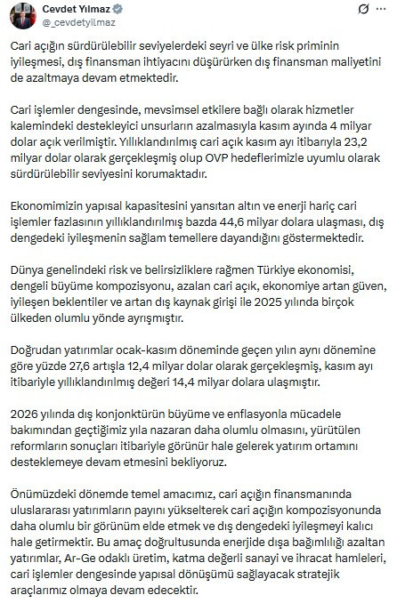 Cumhurbaşkanı Yardımcısı Yılmaz'dan ödeme dengesi verileri değerlendirmesi!