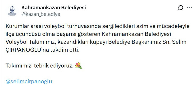 Üçüncülük kupasını Kahramankazan Belediye Başkanı Selim Çırpanoğlu'na takdim ettiler