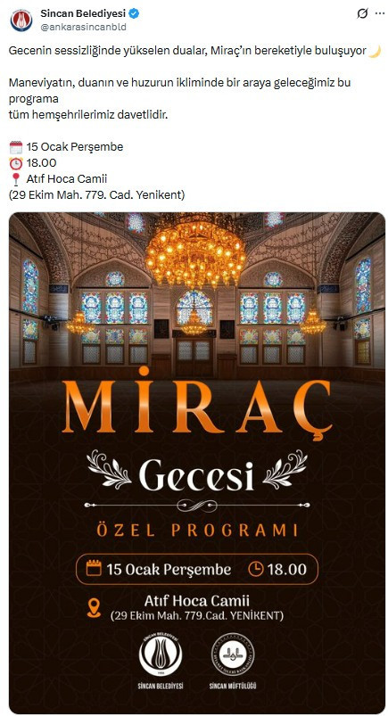 Sincan Belediyesinden Miraç Kandili'ne özel program!