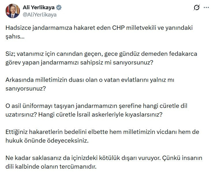Ali Yerlikaya'dan CHP Milletvekili Suat Özçağdaş'a jandarma tepkisi