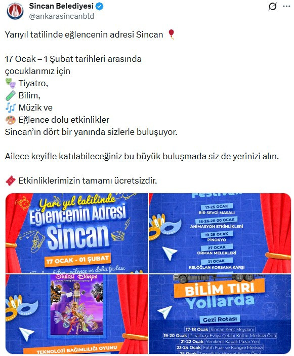 Sincan Belediyesi minikler için yarıyıl tatilinde etkinlikler düzenleyecek!