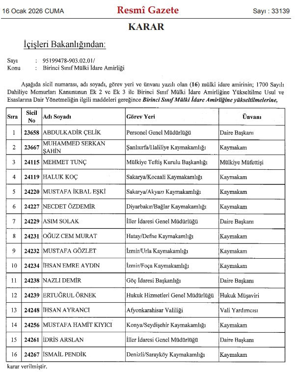 16 mülki idare amiri birinci sınıf mülki idare amirliğine yükseltildi