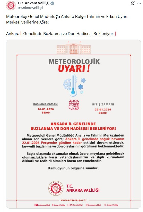 Ankara Valiliği buzlanma ve don uyarısı yaptı: Perşembe gününe kadar sürecek!