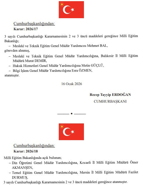 17 Ocak tarihli Atama Kararnamesi yayımlandı! Cumhurbaşkanı Erdoğan'dan kritik görevden alma ve atama kararı - Resim : 5