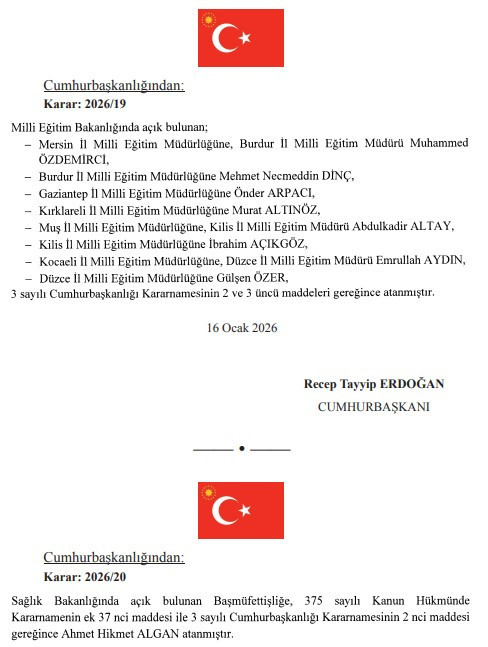17 Ocak tarihli Atama Kararnamesi yayımlandı! Cumhurbaşkanı Erdoğan'dan kritik görevden alma ve atama kararı - Resim : 6