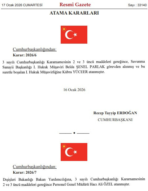 17 Ocak tarihli Atama Kararnamesi yayımlandı! Cumhurbaşkanı Erdoğan'dan kritik görevden alma ve atama kararı
