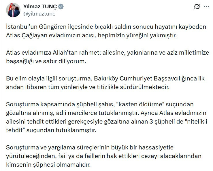 Bakan Yılmaz Tunç, Atlas Çağatay'ın katil zanlısının tutuklandığını açıkladı