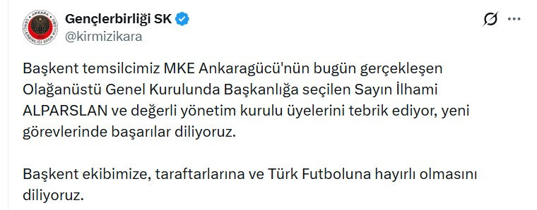 Gençlerbirliği bir mesaj yayınlayarak Ankaragücü'nün yeni yönetimini tebrik etti