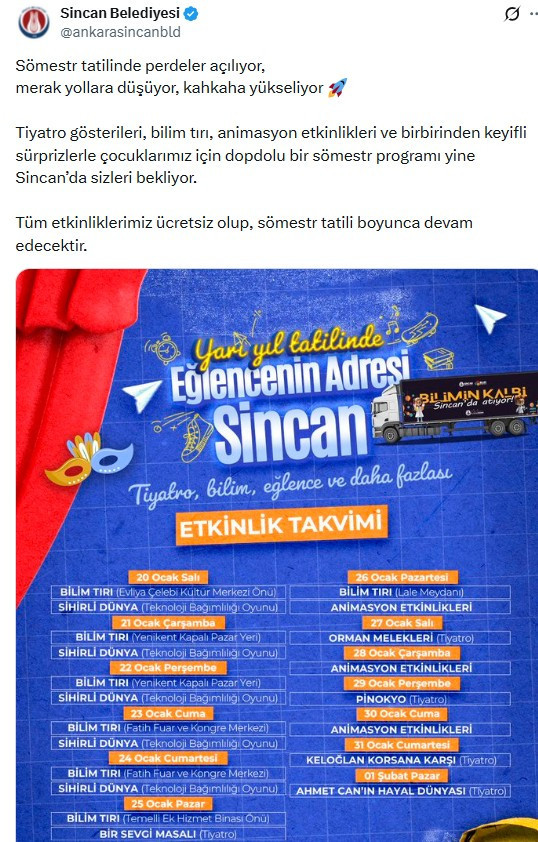 Sincan Belediyesi sömestr etkinlik takvimini açıkladı!