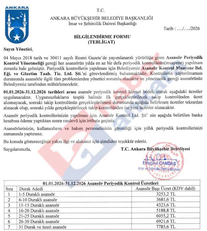 Ankara Büyükşehir Belediyesi, 2026 Asansör Yıllık Kontrol Ücreti listesini yayımladı