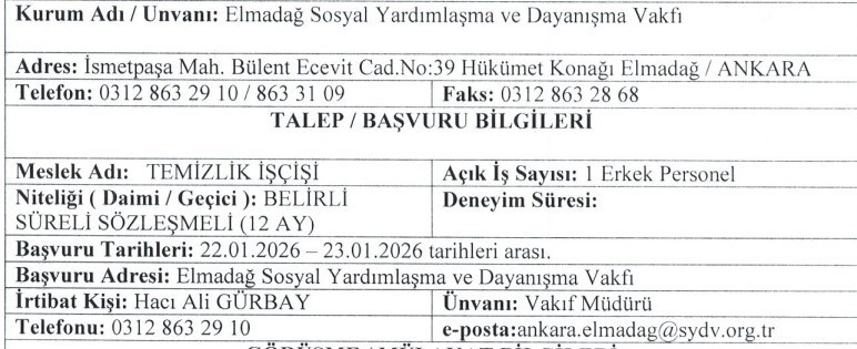 Elmadağ Sosyal Yardımlaşma ve Dayanışma Vakfına KPSS'siz işçi alınacak
