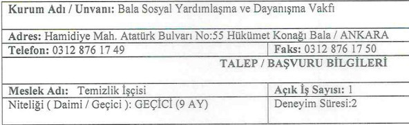 Bala Sosyal Yardımlaşma ve Dayanışma Vakfı geçici işçi alacak! - Resim : 2