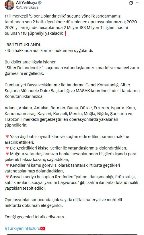 Ankara dahil 17 ilde siber dolandırıcılık operasyonu: 68 tutuklama!