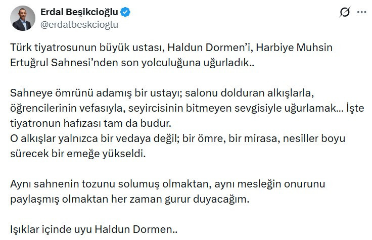 Etimesgut Belediye Başkanı Erdal Beşikcioğlu'ndan Haldun Dormen'e veda mesajı